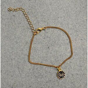 Dainty Flower Charm Anklet 5.5-10 In Black Enamel Gold Chain Adjustable Length
